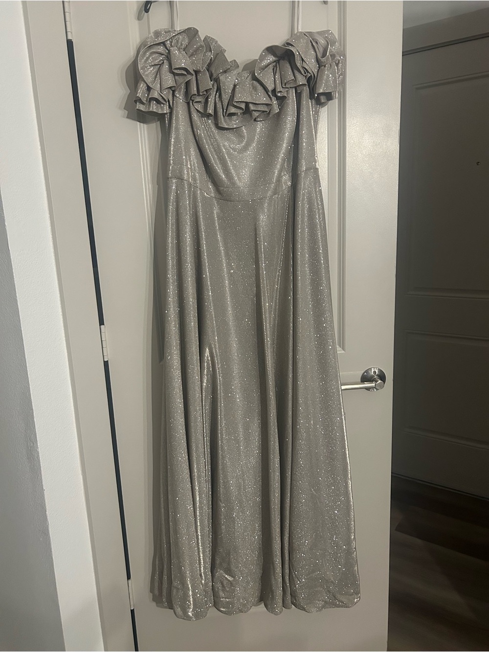 Xscape Silver Sparkle Ruffled Off-Shoulder Prom Dress